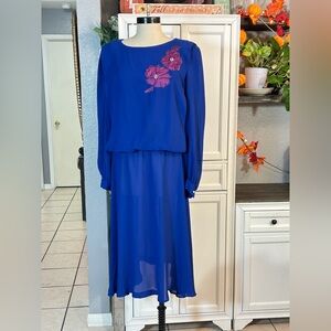 Vintage MACLANE‎ Royal Blue Chiffon Floral Dress Loose Flowy Long Sleeves Large